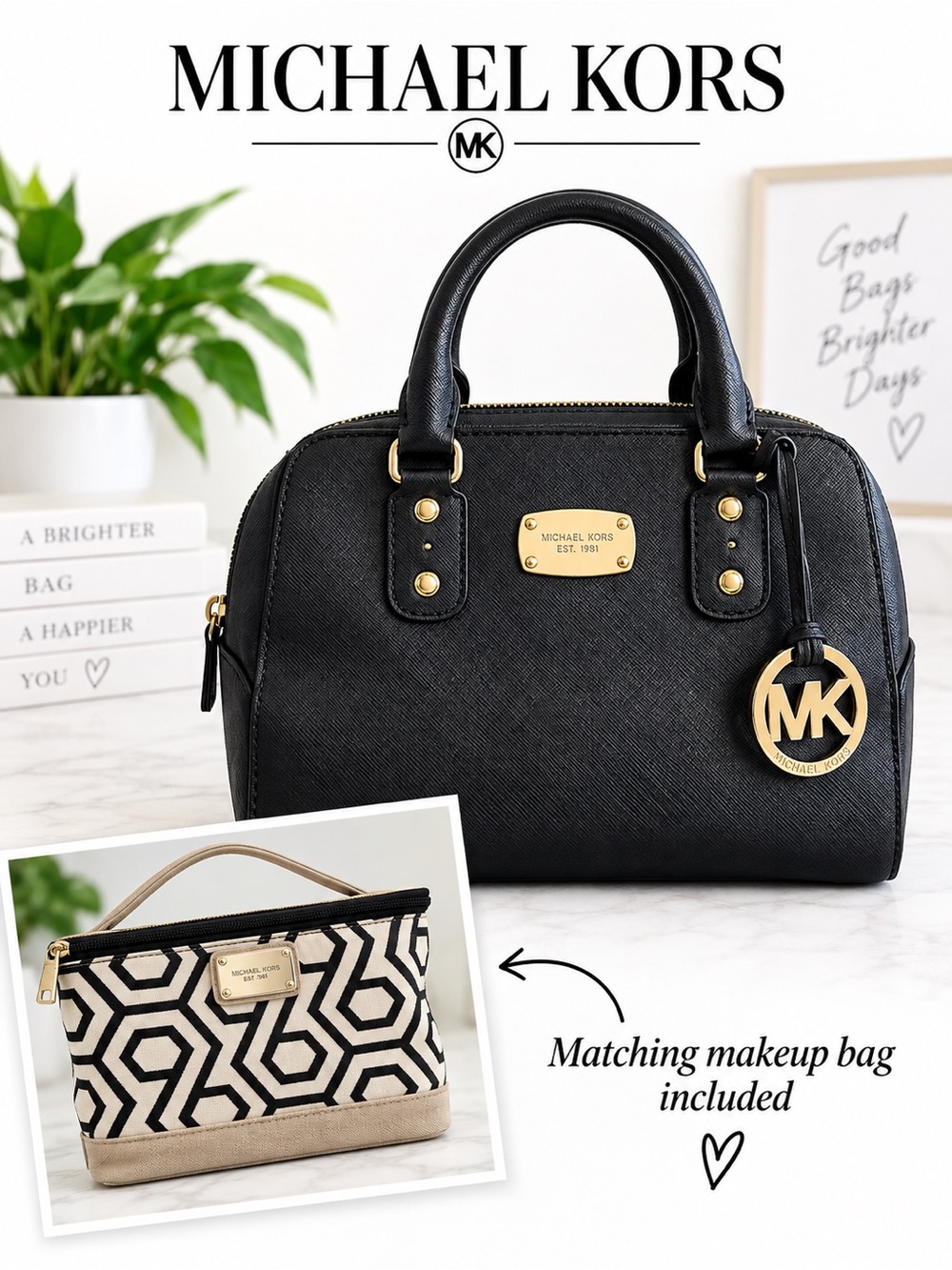 Michael Kors Black Saffiano Leather Dome Satchel + Makeup Bag & Scarf Holder